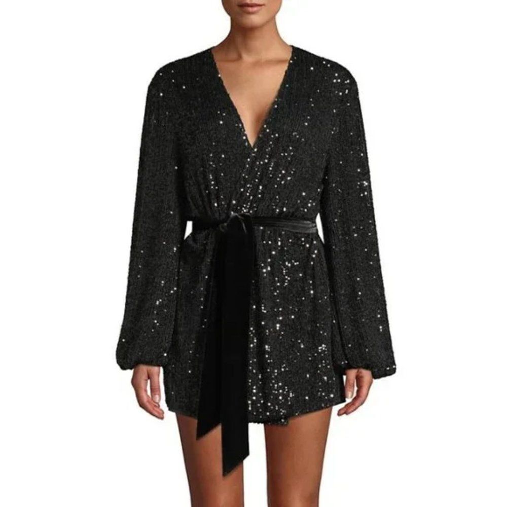 Jay Godfrey Black Polly Sequin Wrap Mini Dress with Long Sleeves